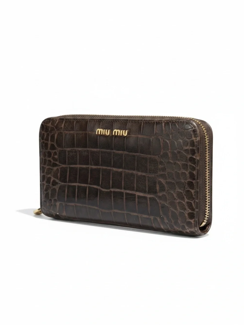 Miu Miu Brown Croc Embossed Leather Zip Around Continental Wallet Italy